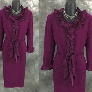 BEAUTIFUL St John knit purple ruffle jacket skirt suit size 12 14